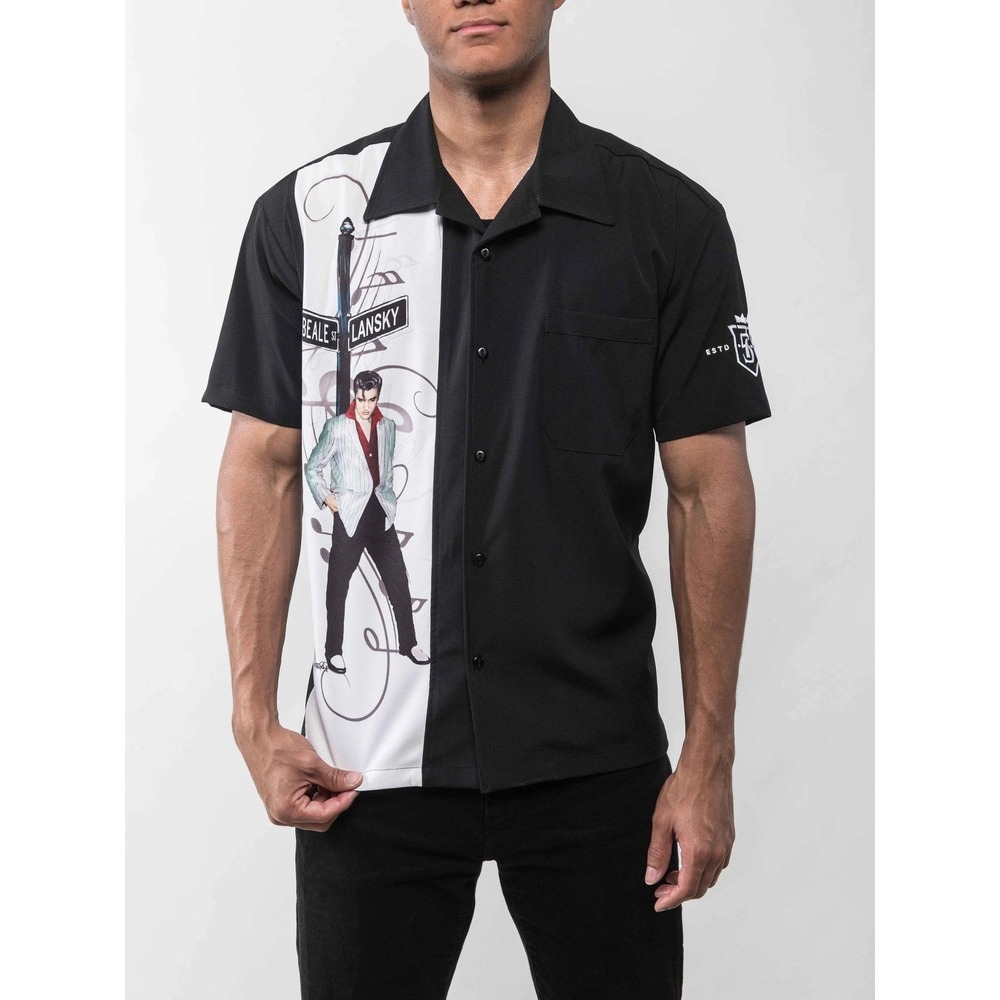 Lansky Elvis on Beale Street Retro Shirt Black Size M Button Up Short Sleeve